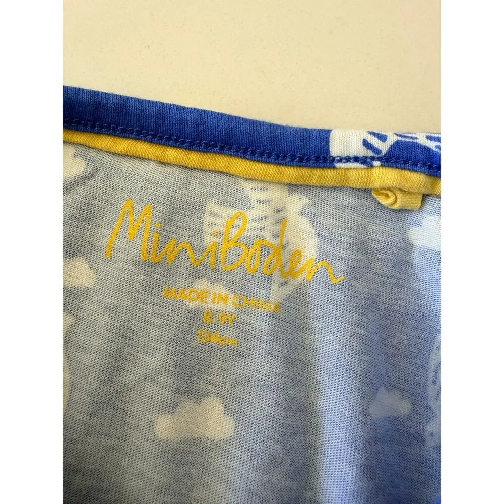 Mini Boden Girls 8/9 Cabana Blue Birds Puff Sleeve Jersey Dress